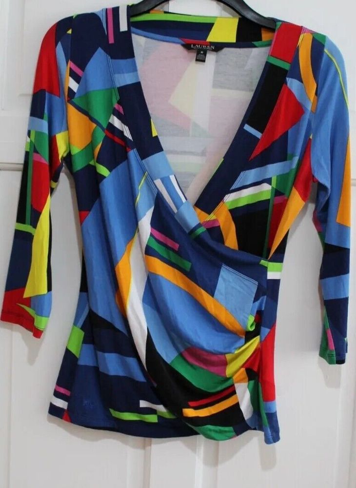 Ralph Lauren Women's  Top Size M Mock Wrap Retro Funky Colour And Pattern - Picture 2 of 8